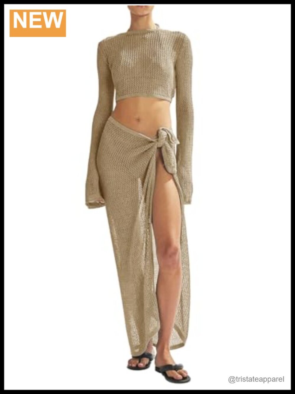 Crochet Knit Swimsuit Cover Up Set V-Neck Trumpet Sleeve Beach Sarong